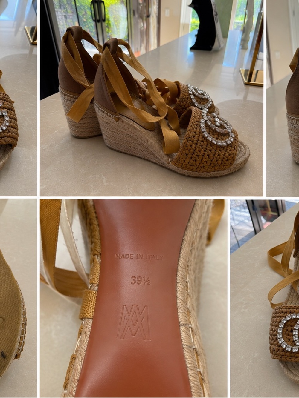 Gucci Crystal GG Raffia Espadrille Wedge Sandals